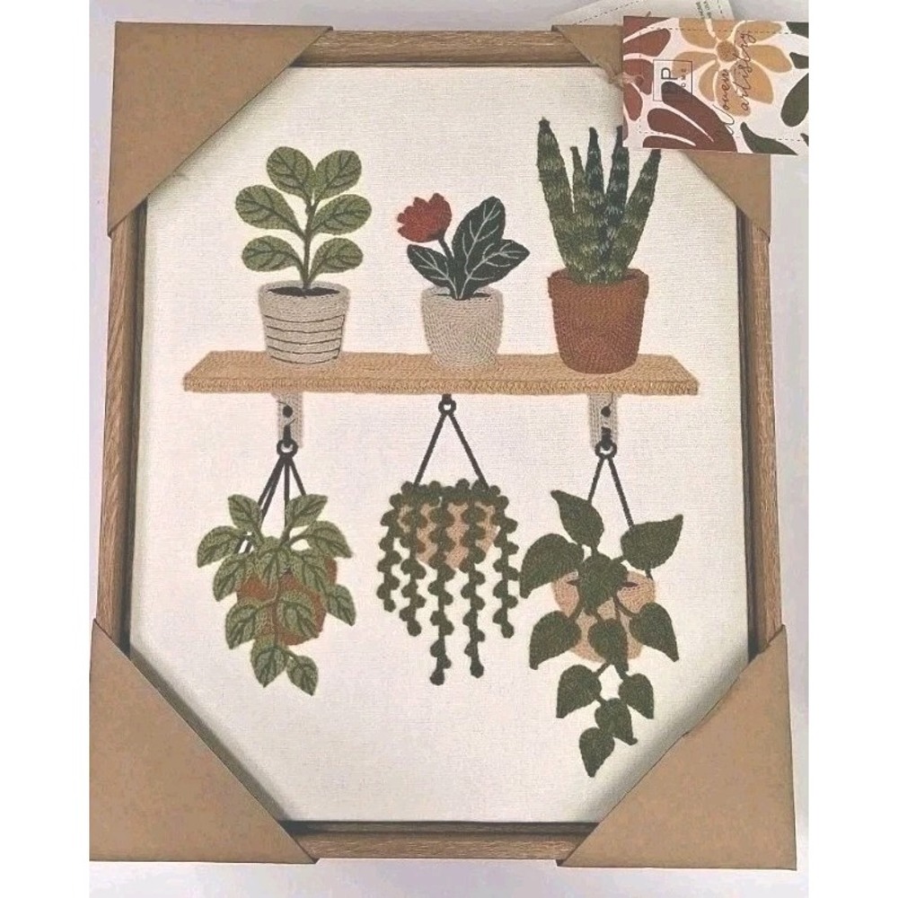 BP Home Embroidered Wall Art Botanical/ Plants on Shelves approx 12x15 inches